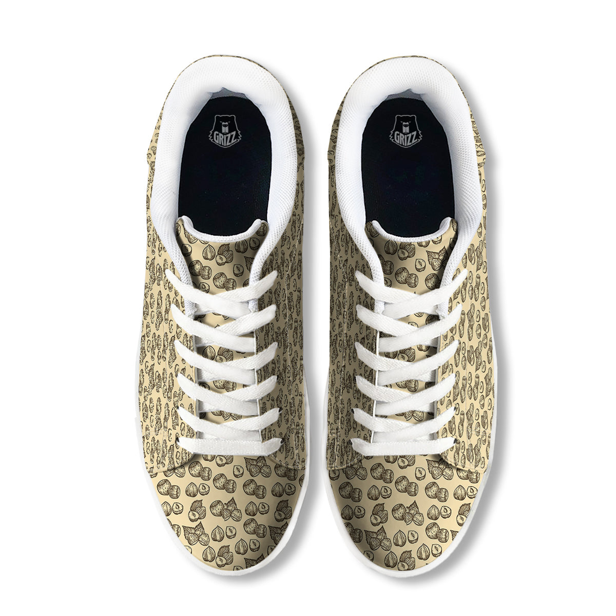Beige Hazelnuts Print Pattern White Low Top Sneakers-grizzshop