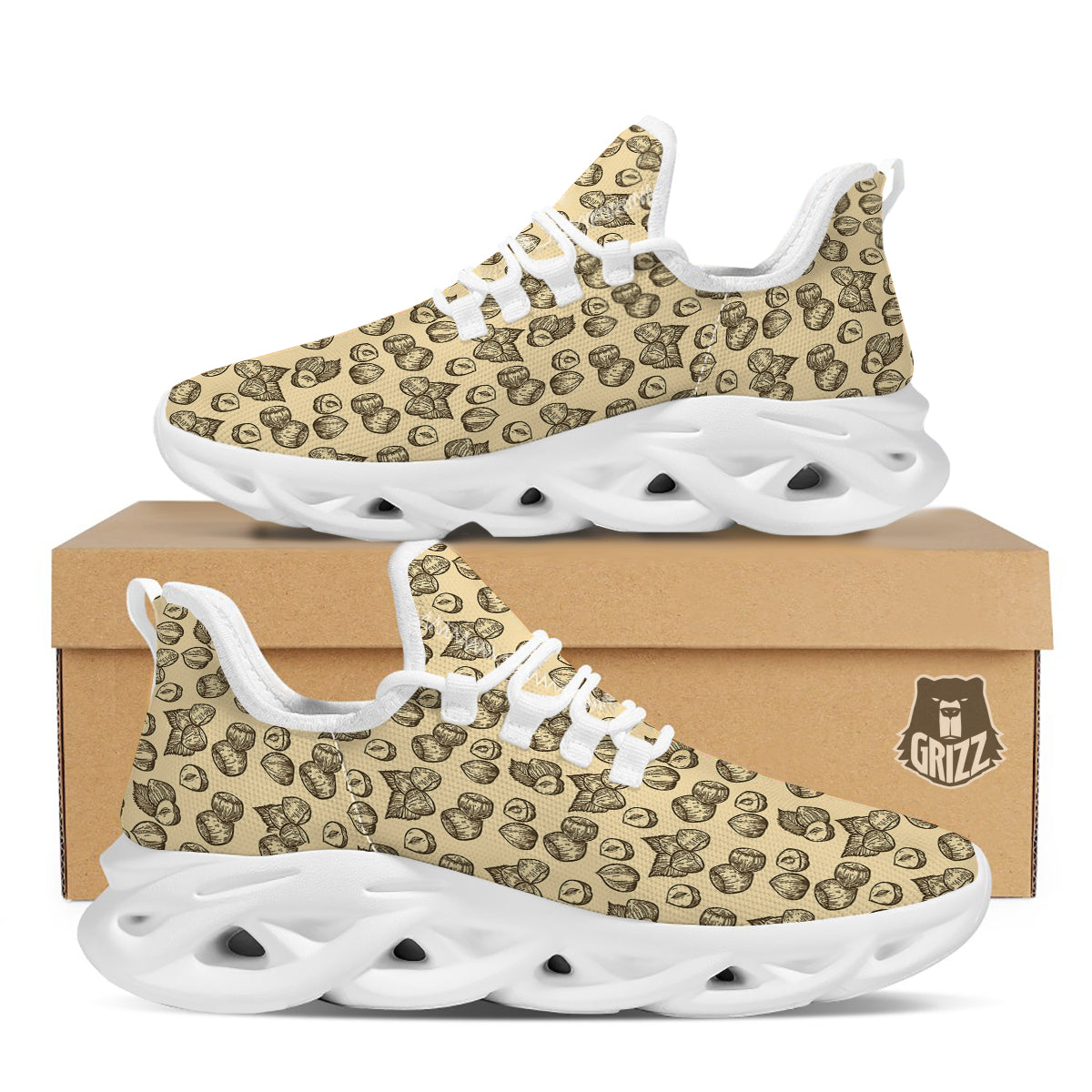 Beige Hazelnuts Print Pattern White Running Shoes-grizzshop