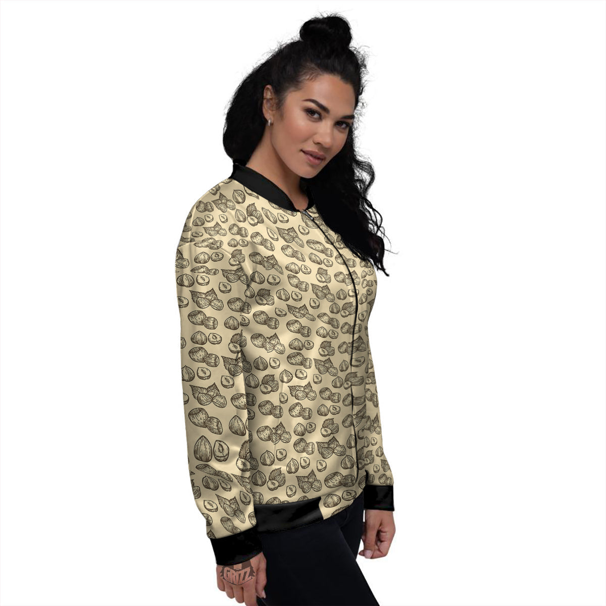 Beige Hazelnuts Print Pattern Women's Bomber Jacket-grizzshop