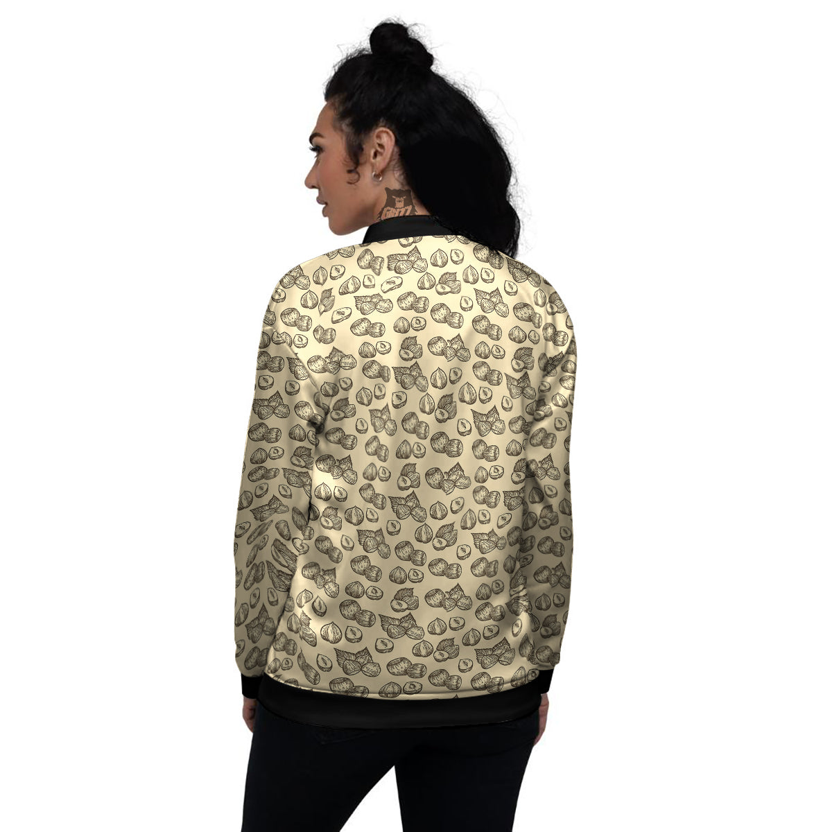 Beige Hazelnuts Print Pattern Women's Bomber Jacket-grizzshop