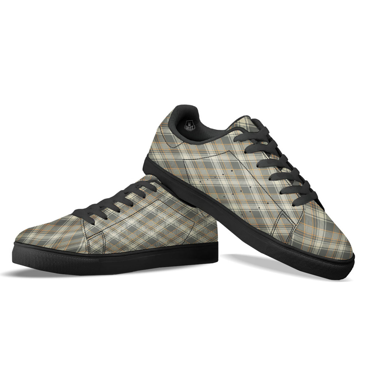 Beige Plaid And Grey Print Pattern Black Low Top Sneakers-grizzshop