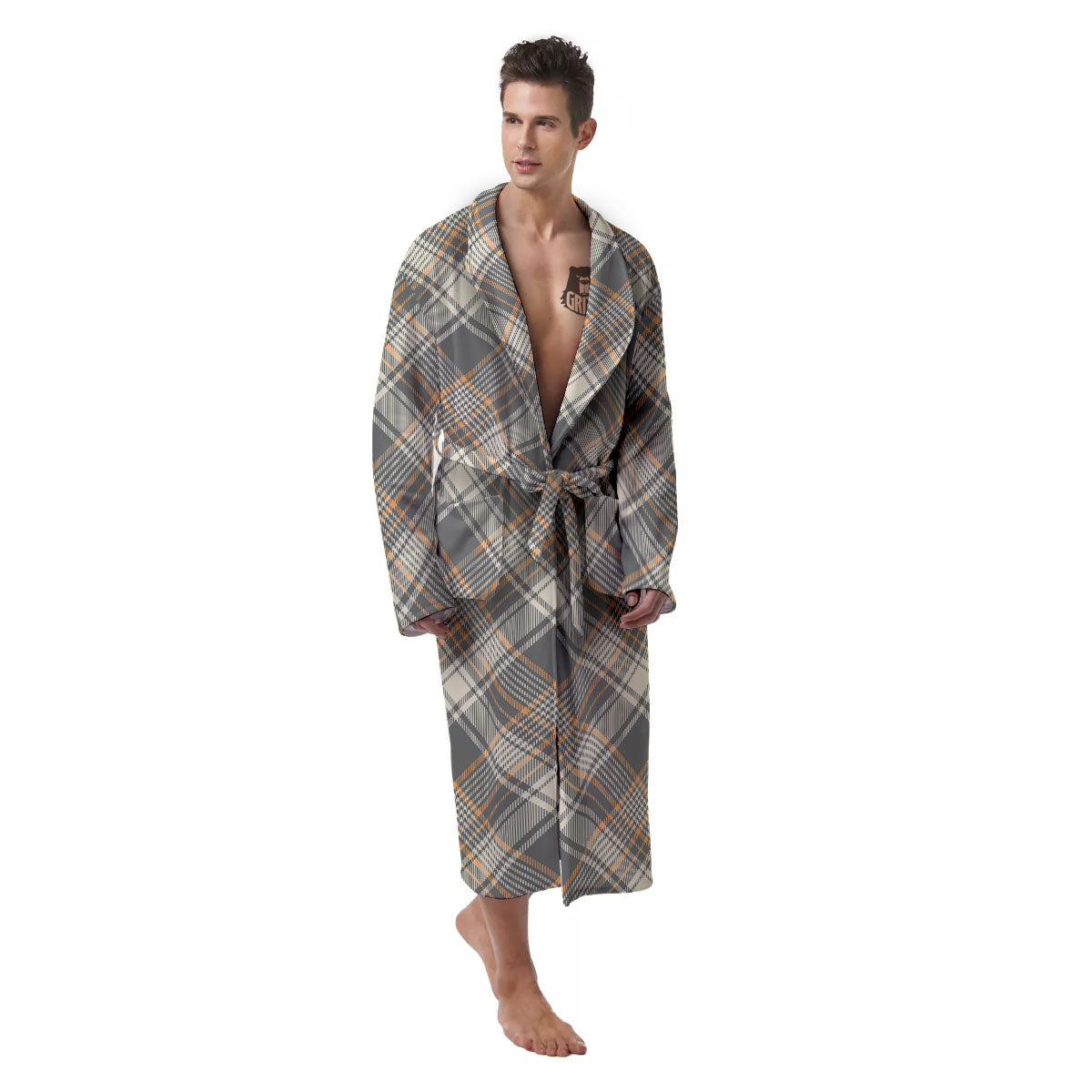 Beige Plaid And Grey Print Pattern Men's Robe-grizzshop