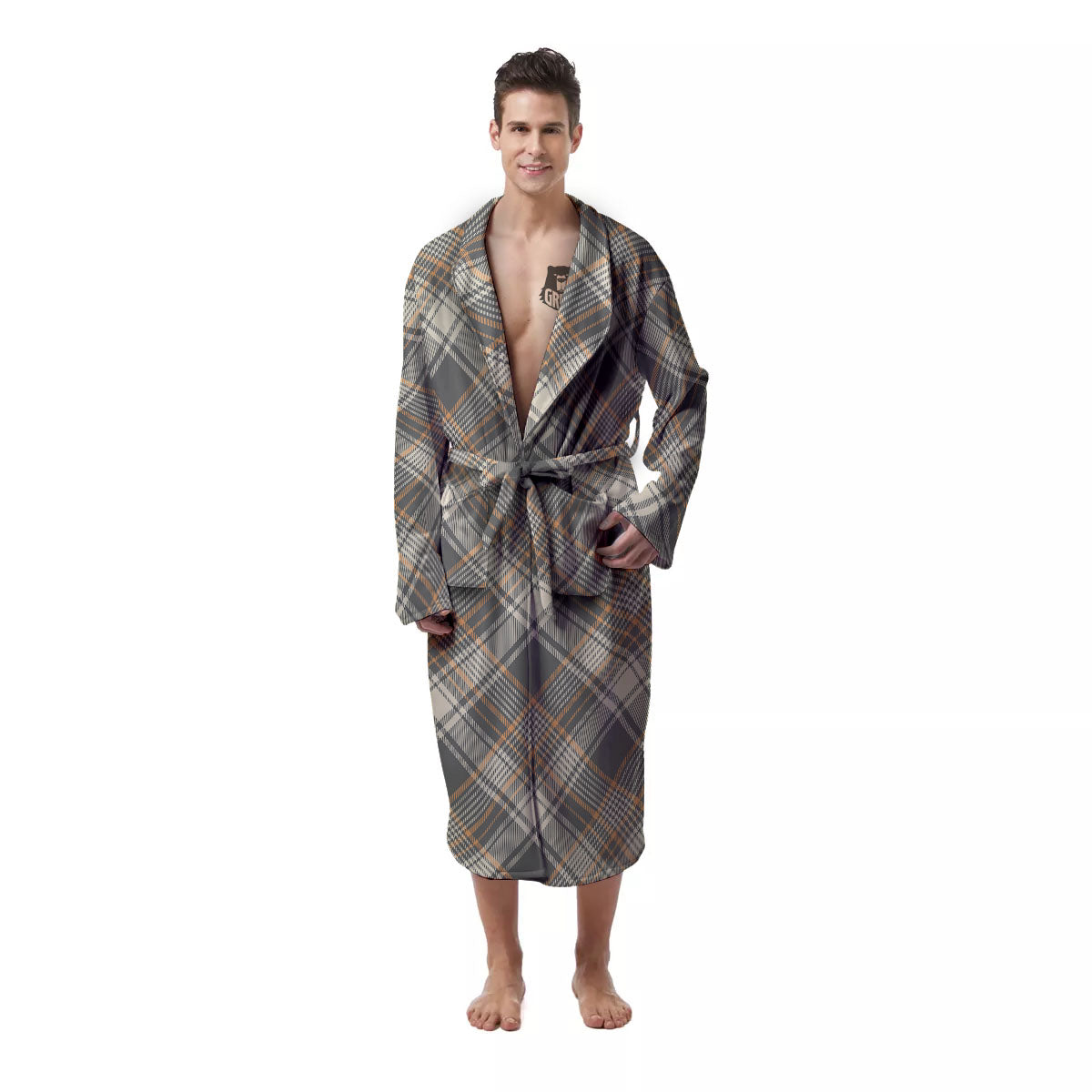 Beige Plaid And Grey Print Pattern Men's Robe-grizzshop
