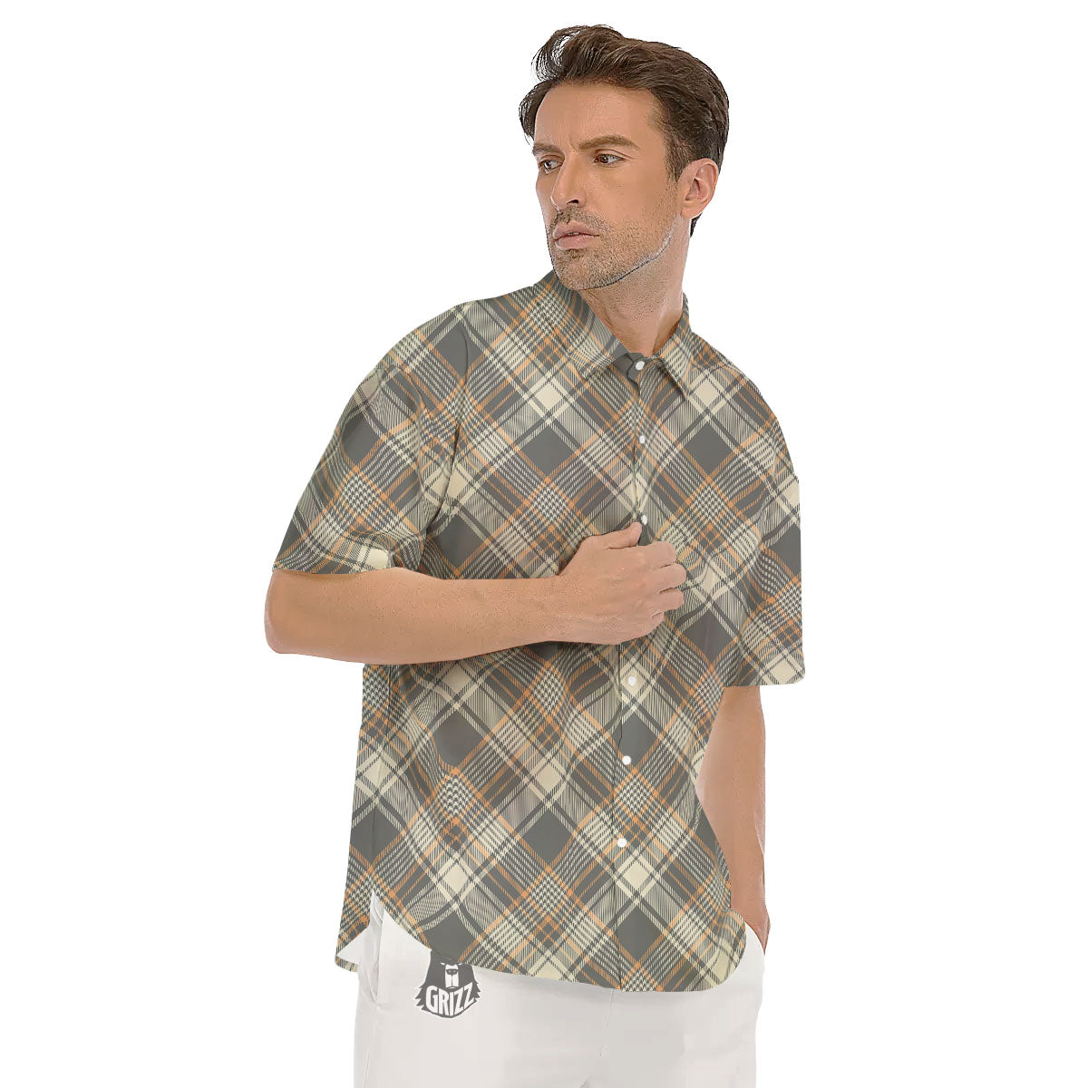 Beige Plaid And Grey Print Pattern Men's Short Sleeve Shirts-grizzshop