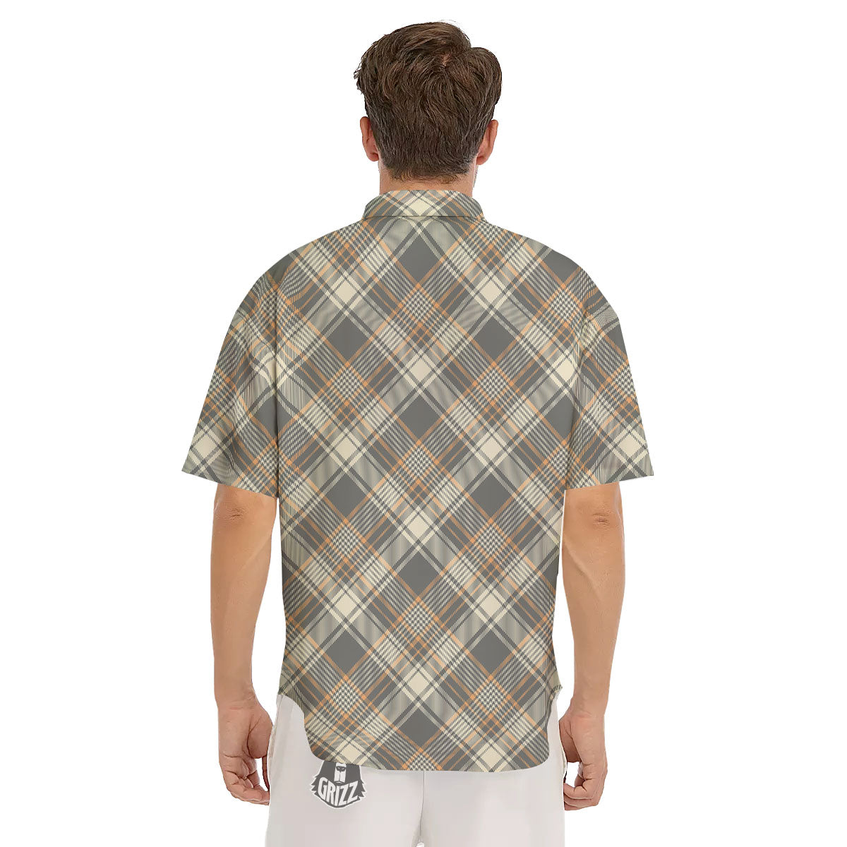 Beige Plaid And Grey Print Pattern Men's Short Sleeve Shirts-grizzshop