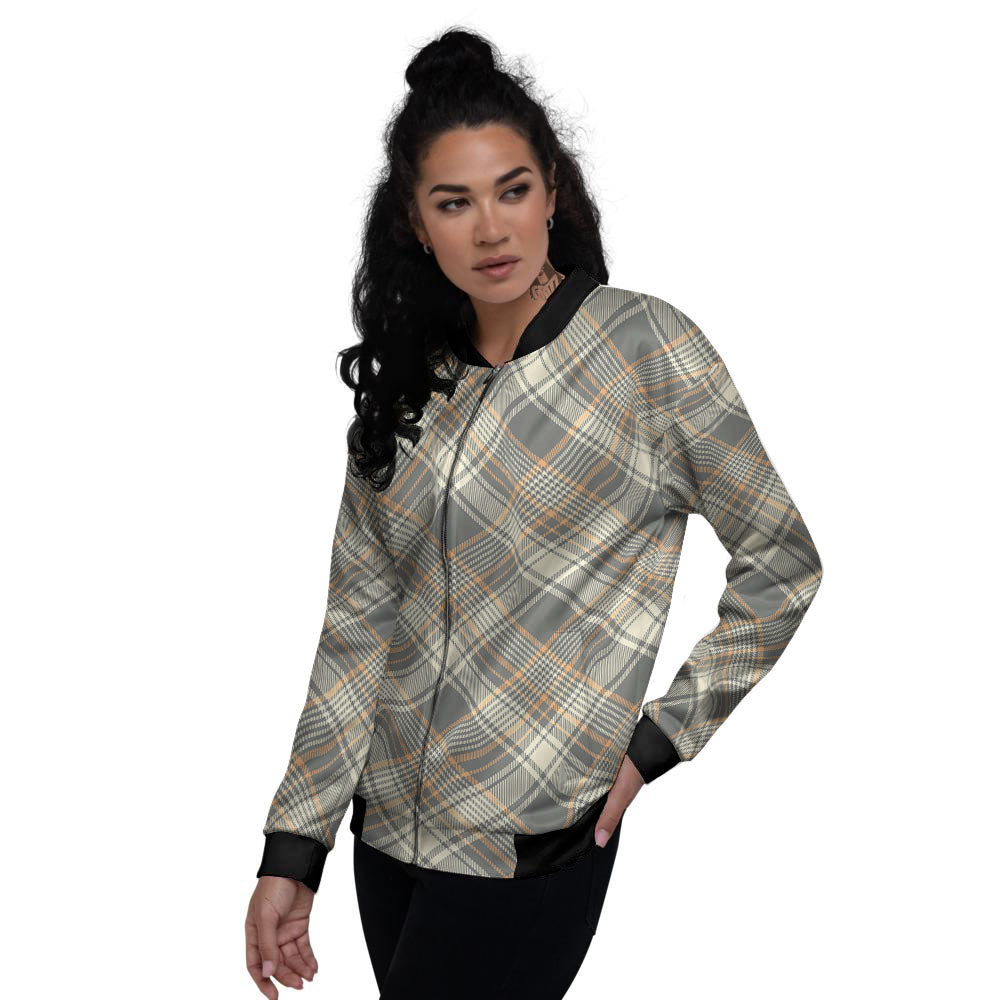 Beige Plaid And Grey Print Pattern Women's Bomber Jacket-grizzshop