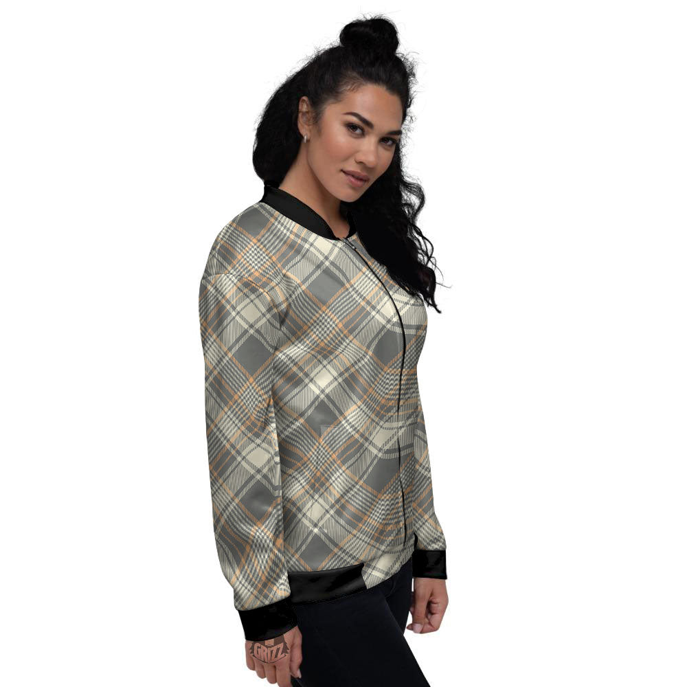 Beige Plaid And Grey Print Pattern Women's Bomber Jacket-grizzshop