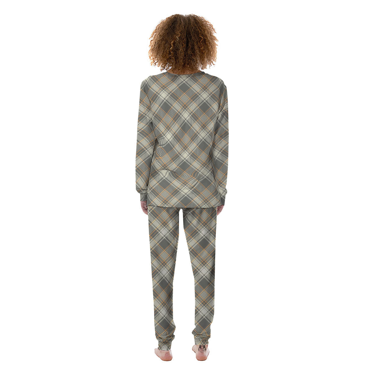 Beige Plaid And Grey Print Pattern Women's Pajamas-grizzshop
