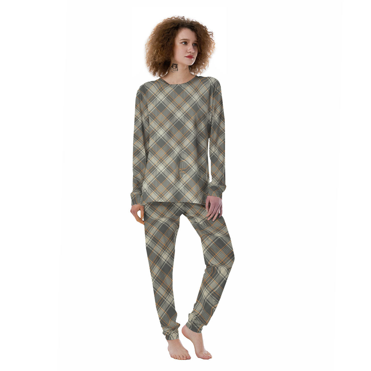 Beige Plaid And Grey Print Pattern Women's Pajamas-grizzshop