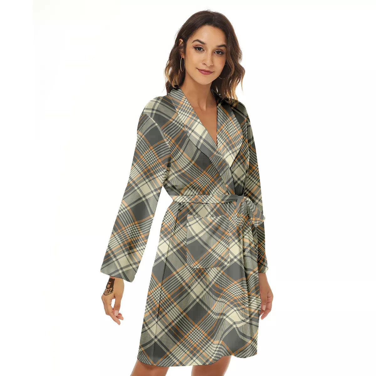 Beige Plaid And Grey Print Pattern Women's Robe-grizzshop