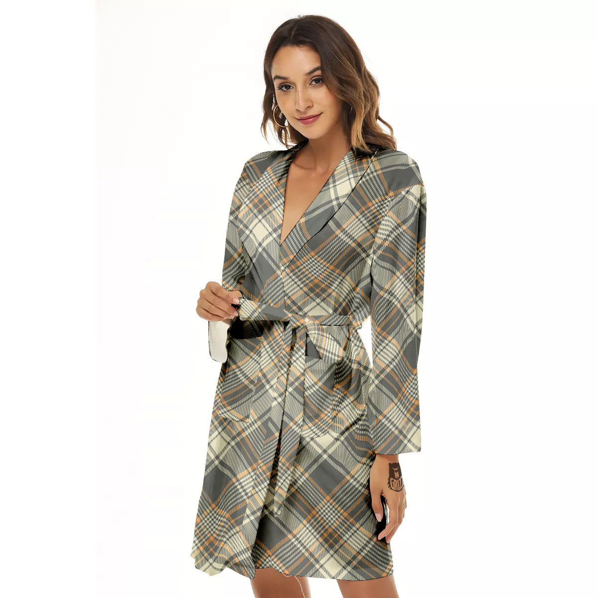 Beige Plaid And Grey Print Pattern Women's Robe-grizzshop