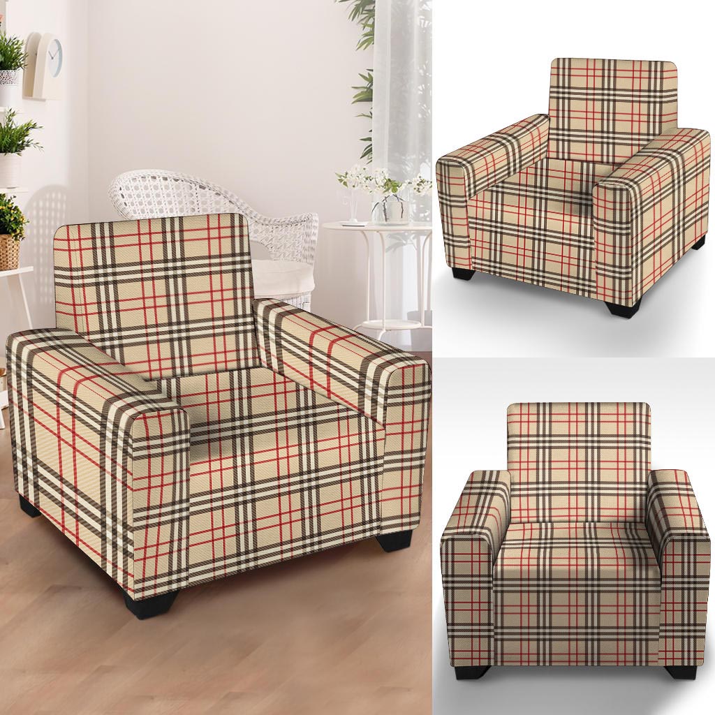 Beige Plaid Tartan Armchair Cover-grizzshop