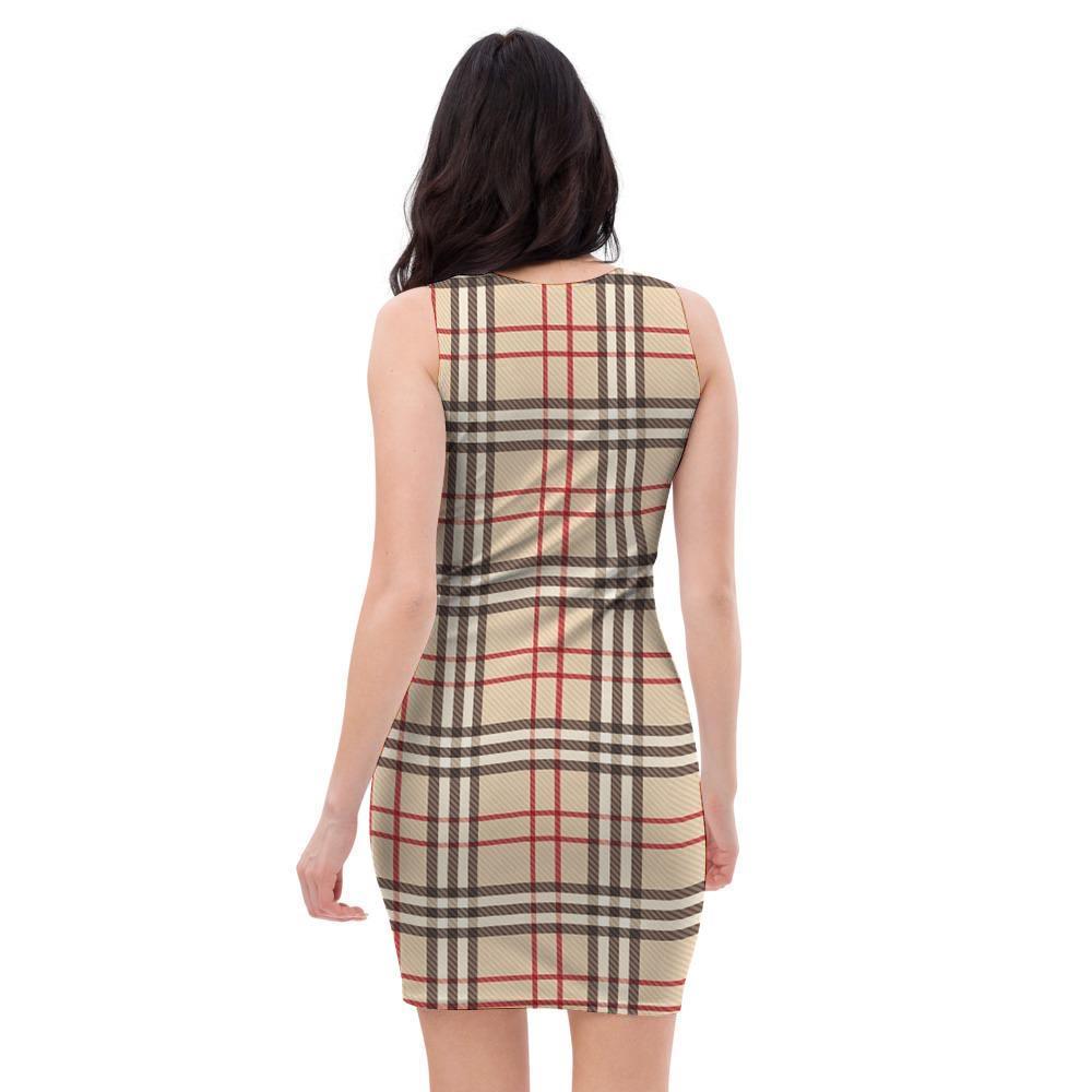 Beige Plaid Tartan Bodycon Dress-grizzshop