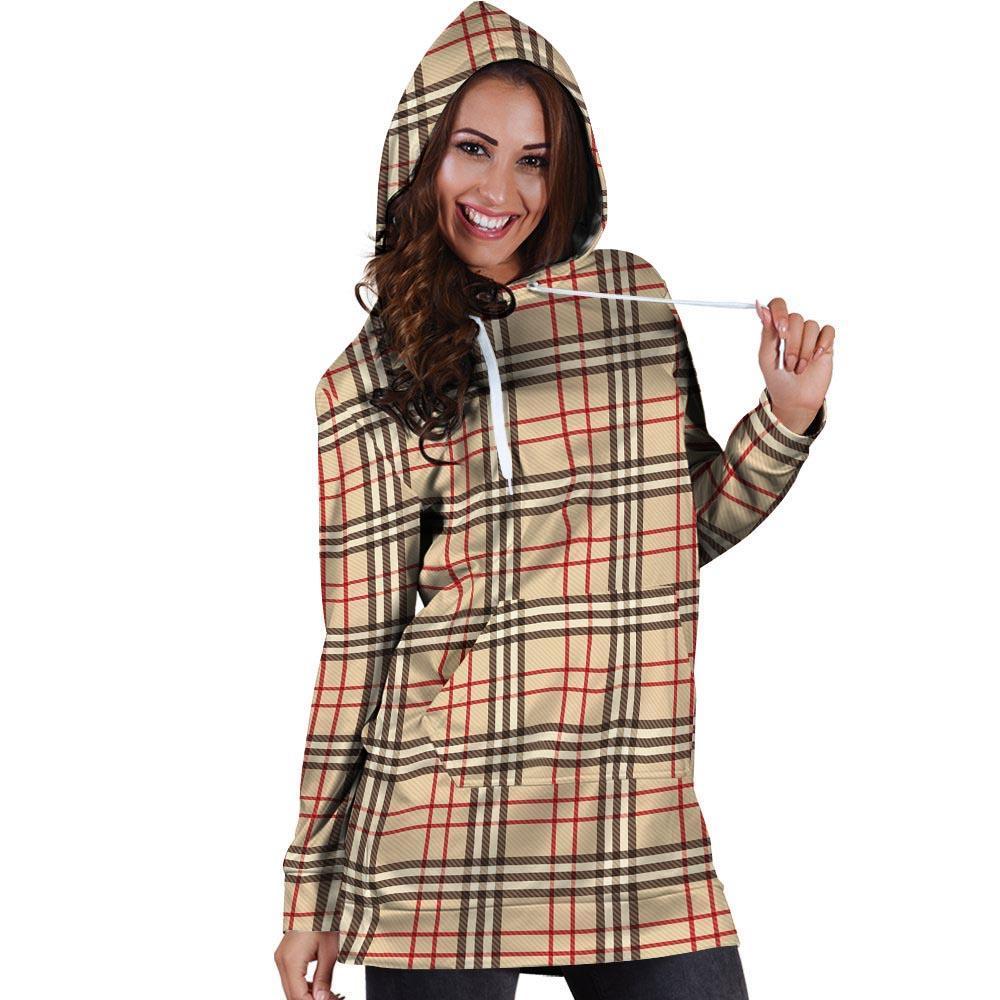 Beige Plaid Tartan Hoodie Dress-grizzshop