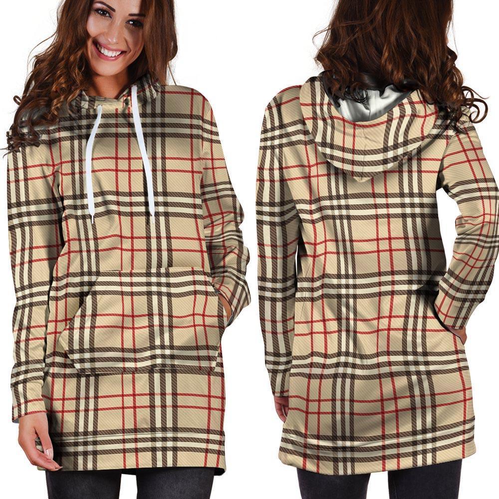 Beige Plaid Tartan Hoodie Dress-grizzshop