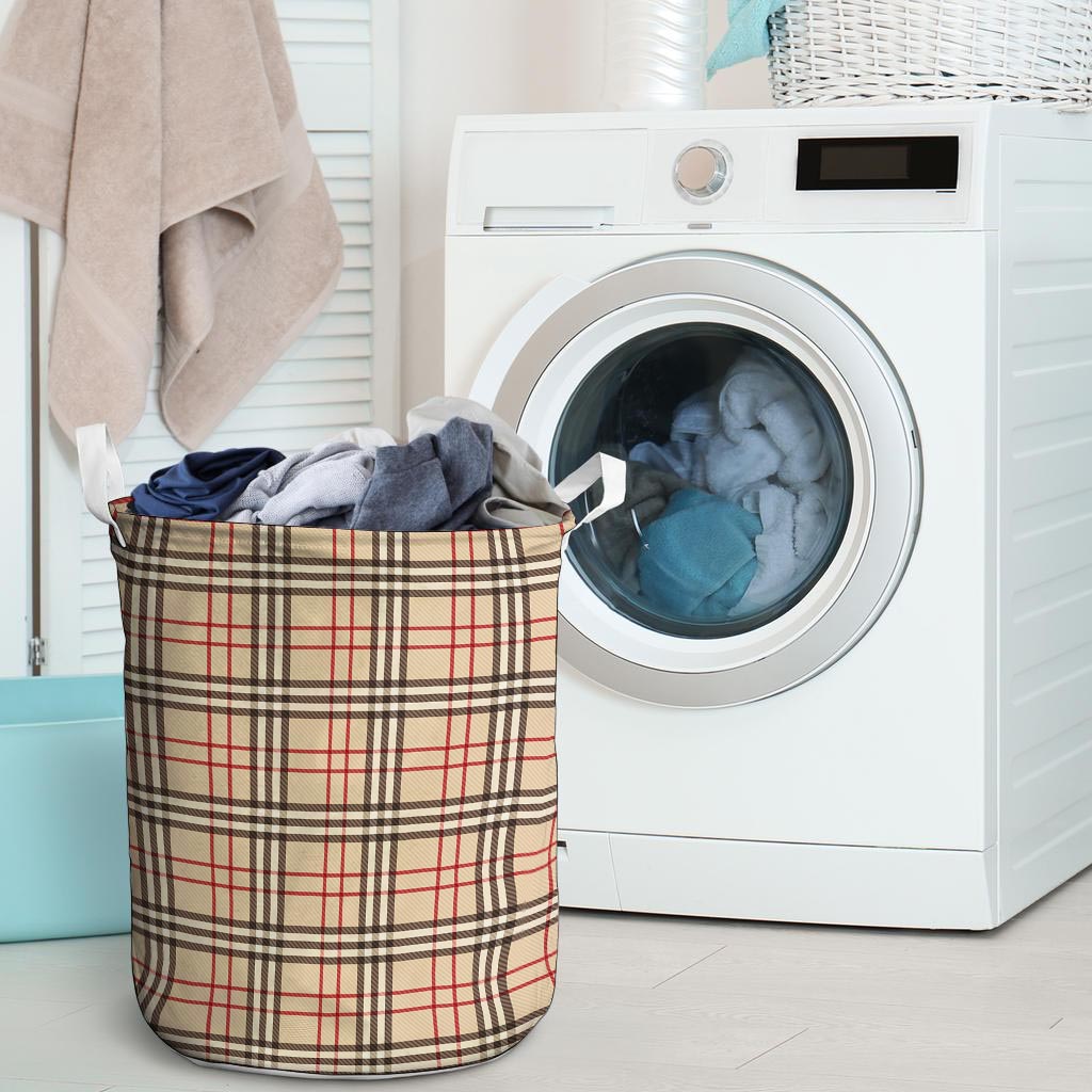 Beige Plaid Tartan Laundry Basket-grizzshop