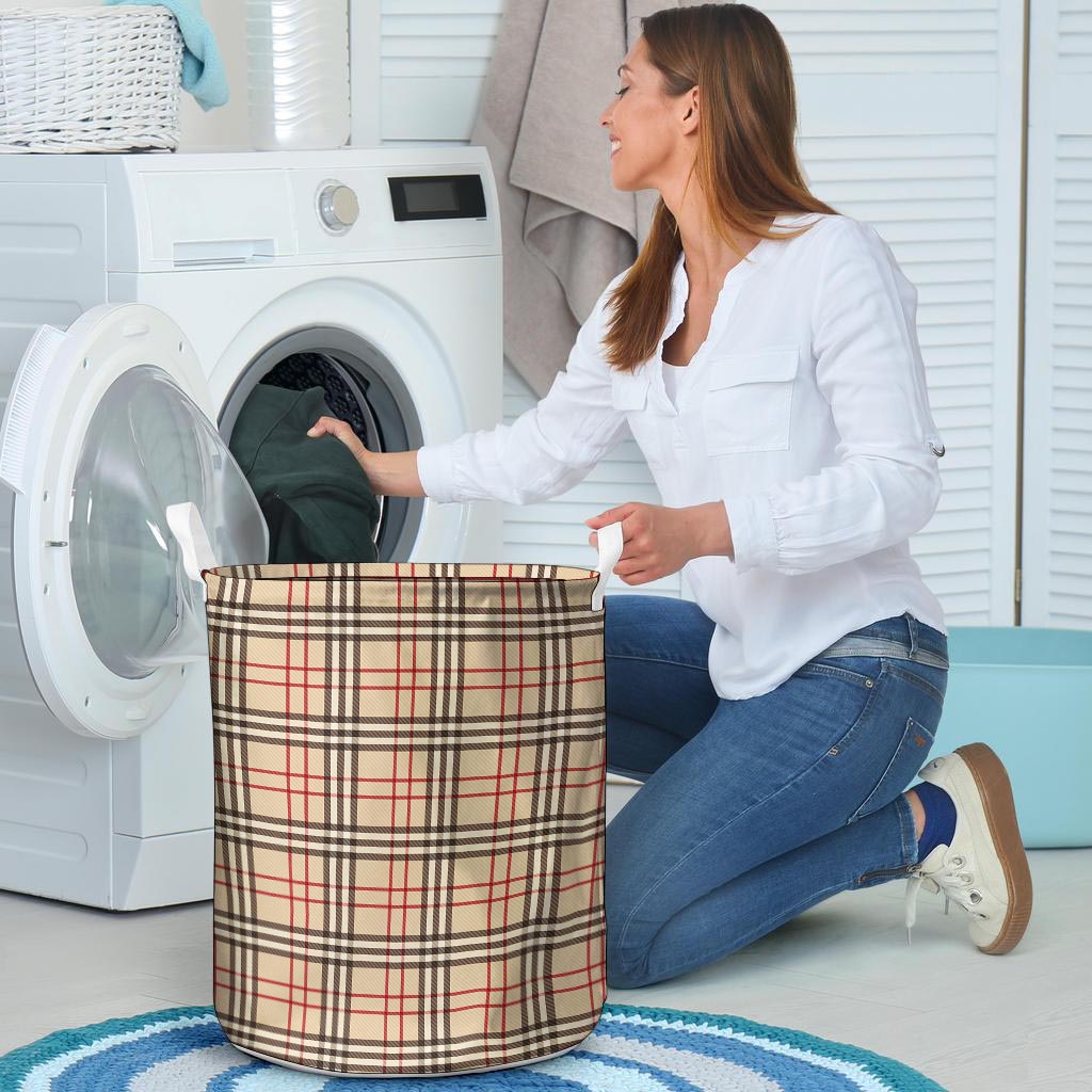 Beige Plaid Tartan Laundry Basket-grizzshop