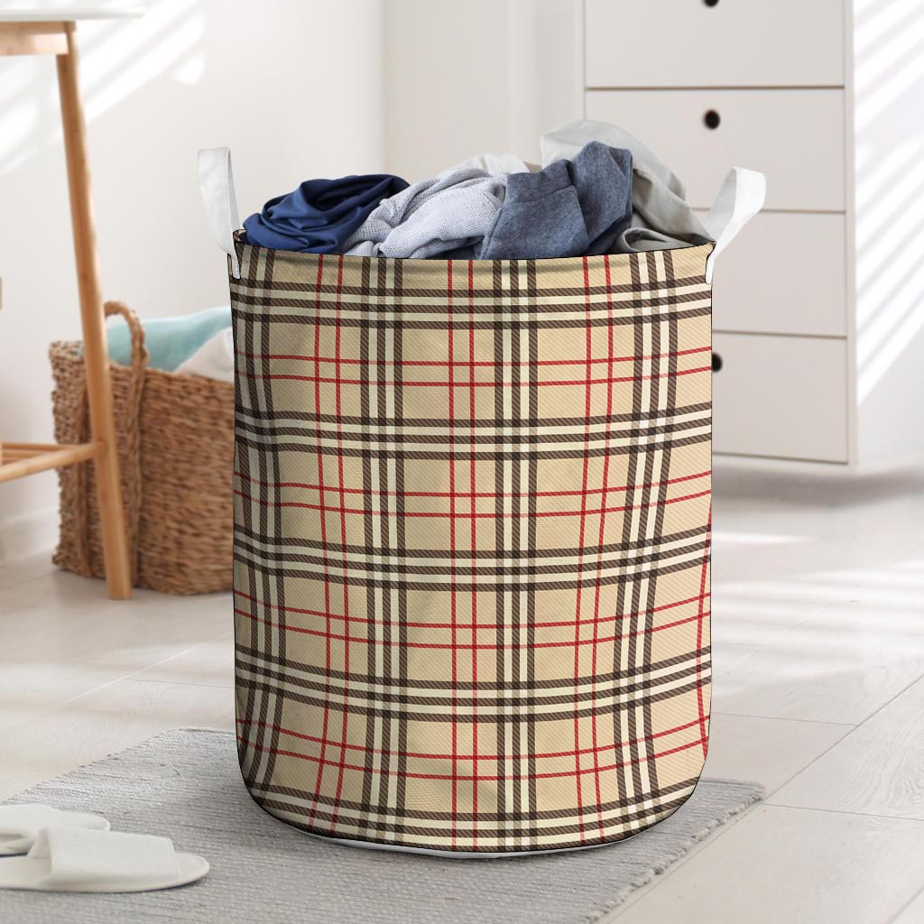 Beige Plaid Tartan Laundry Basket-grizzshop