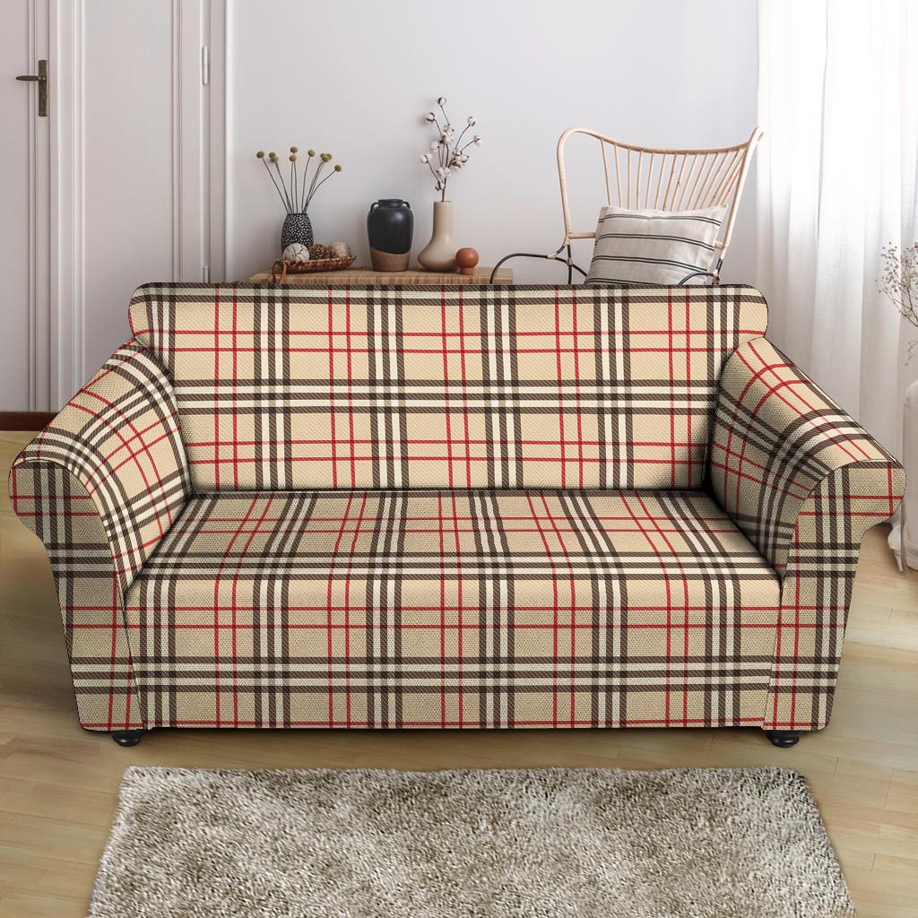 Beige Plaid Tartan Loveseat Cover-grizzshop