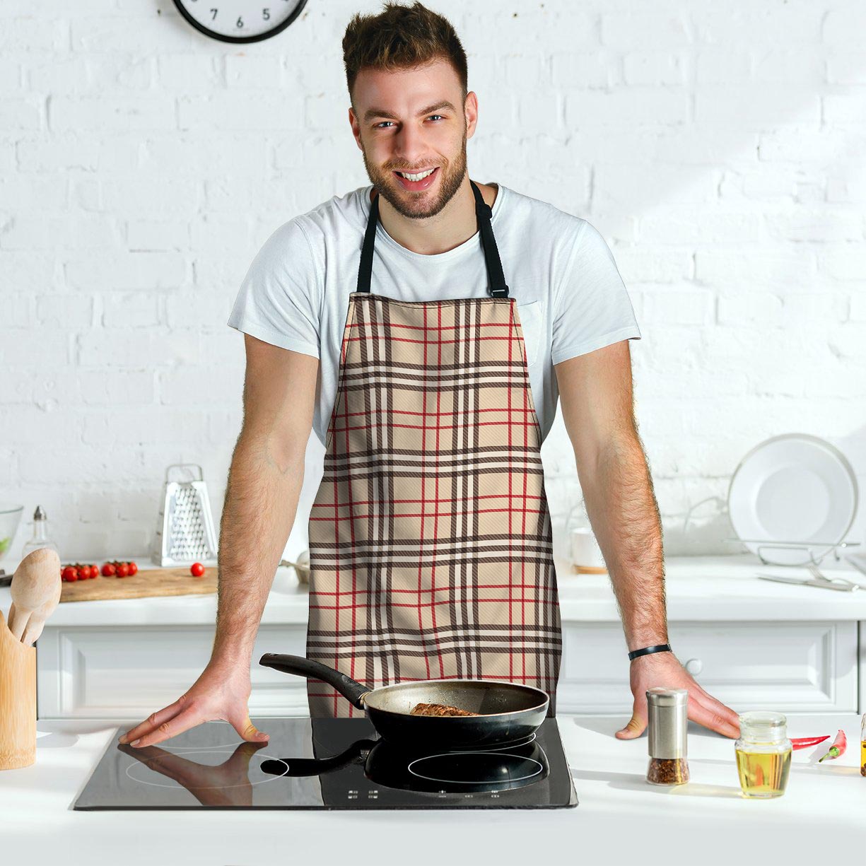 Beige Plaid Tartan Men's Apron-grizzshop
