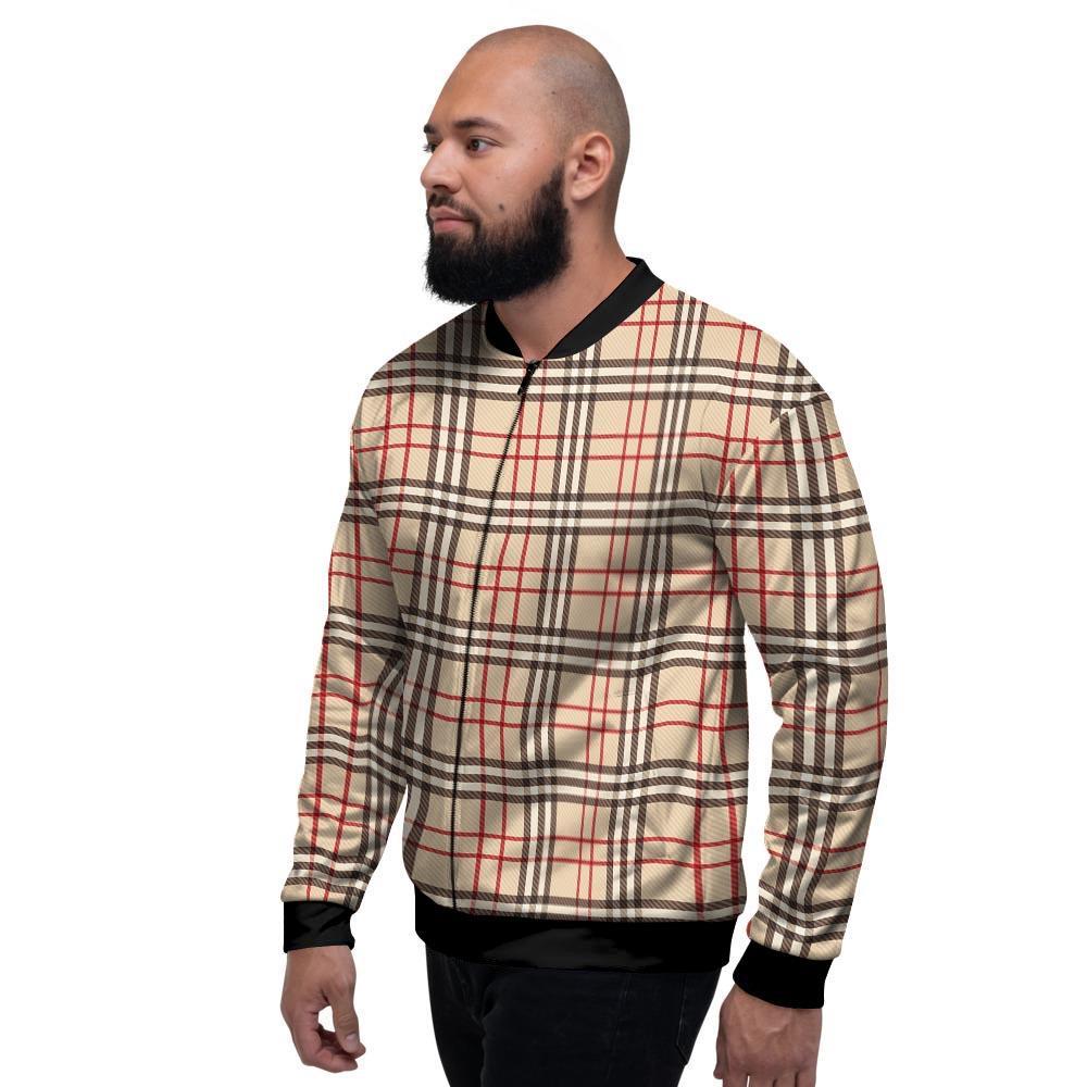 Beige Plaid Tartan Men's Bomber Jacket-grizzshop