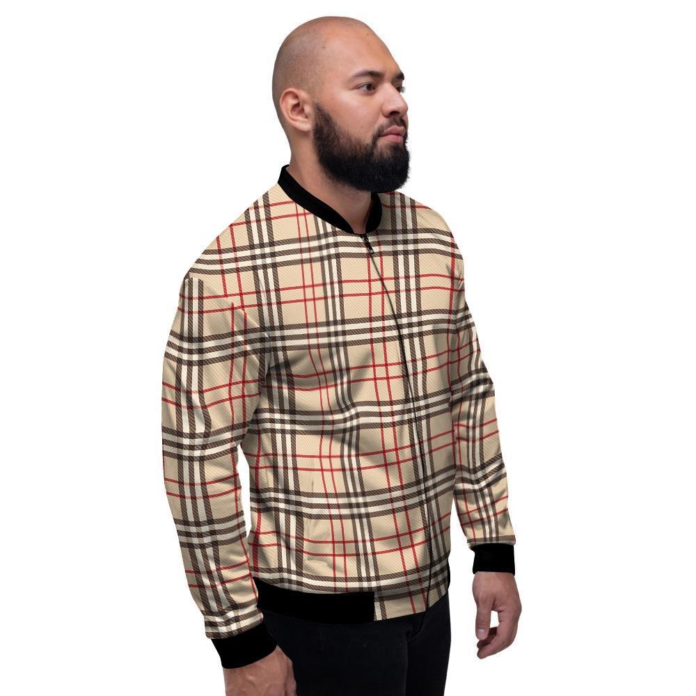 Beige Plaid Tartan Men's Bomber Jacket-grizzshop