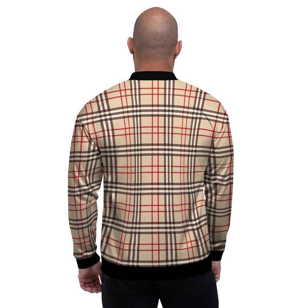 Beige Plaid Tartan Men's Bomber Jacket-grizzshop