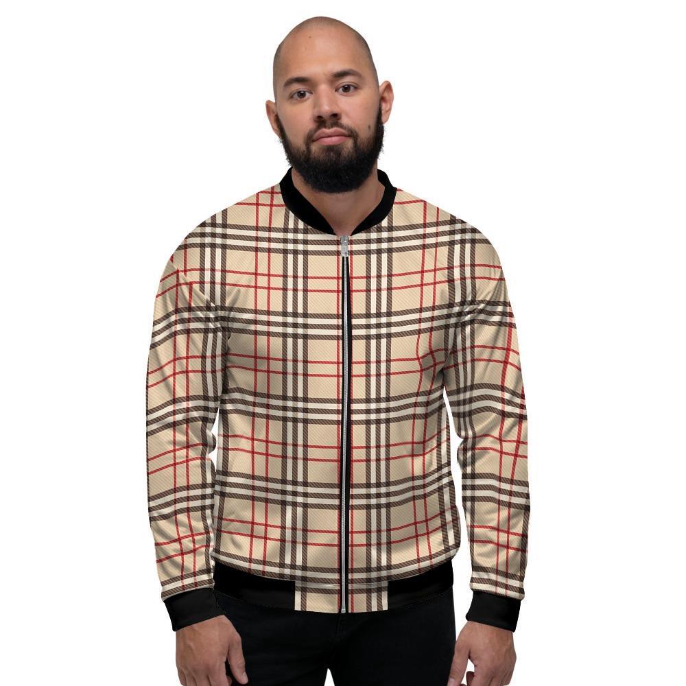 Beige Plaid Tartan Men's Bomber Jacket-grizzshop
