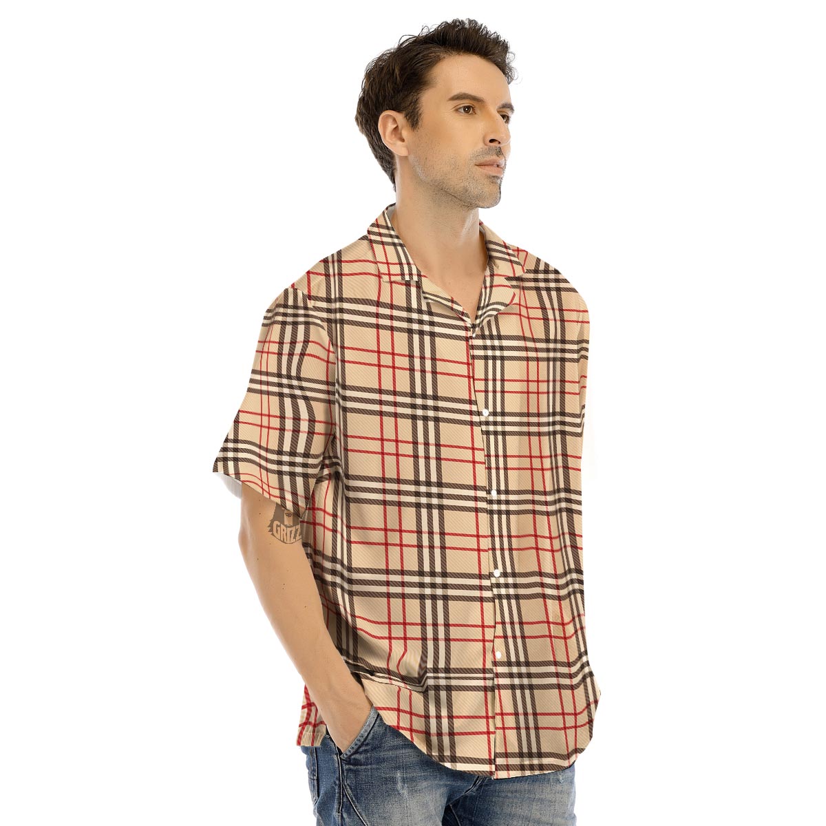 Beige Plaid Tartan Men’s Hawaiian Shirt-grizzshop