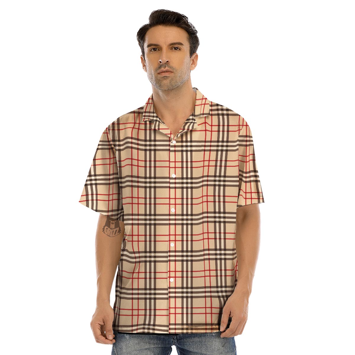 Beige Plaid Tartan Men’s Hawaiian Shirt-grizzshop