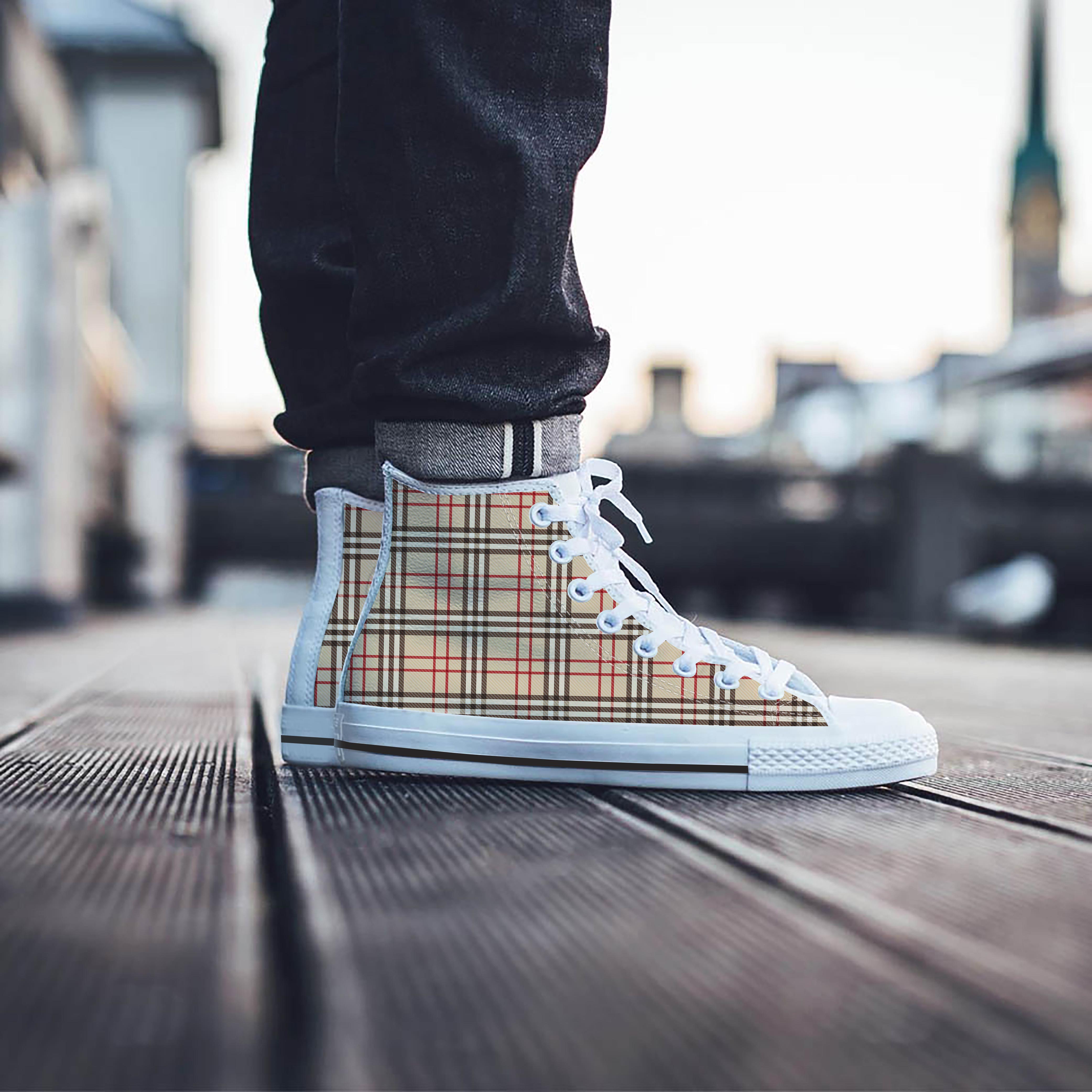 Beige Plaid Tartan Men's High Top Shoes-grizzshop