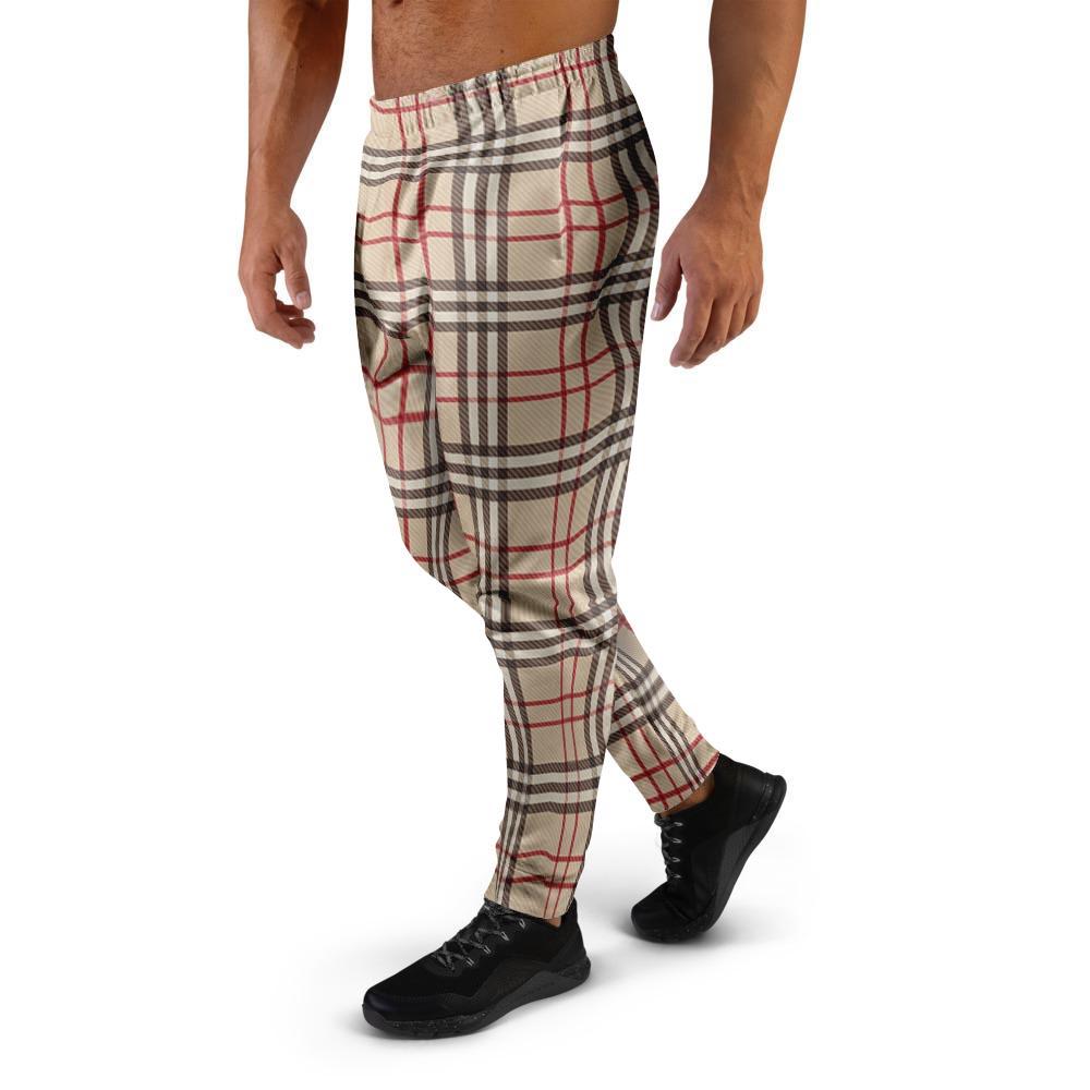 Beige Plaid Tartan Men's Joggers-grizzshop