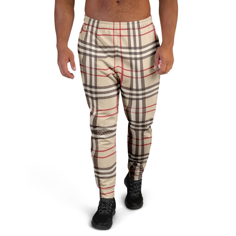 Beige Plaid Tartan Men's Joggers-grizzshop