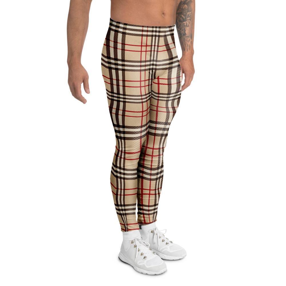 Beige Plaid Tartan Men's Leggings-grizzshop