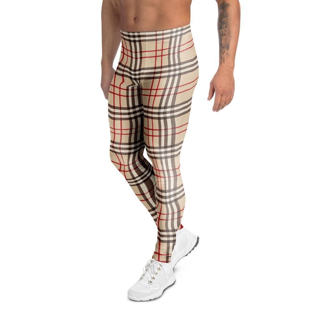 Beige Plaid Tartan Men's Leggings-grizzshop