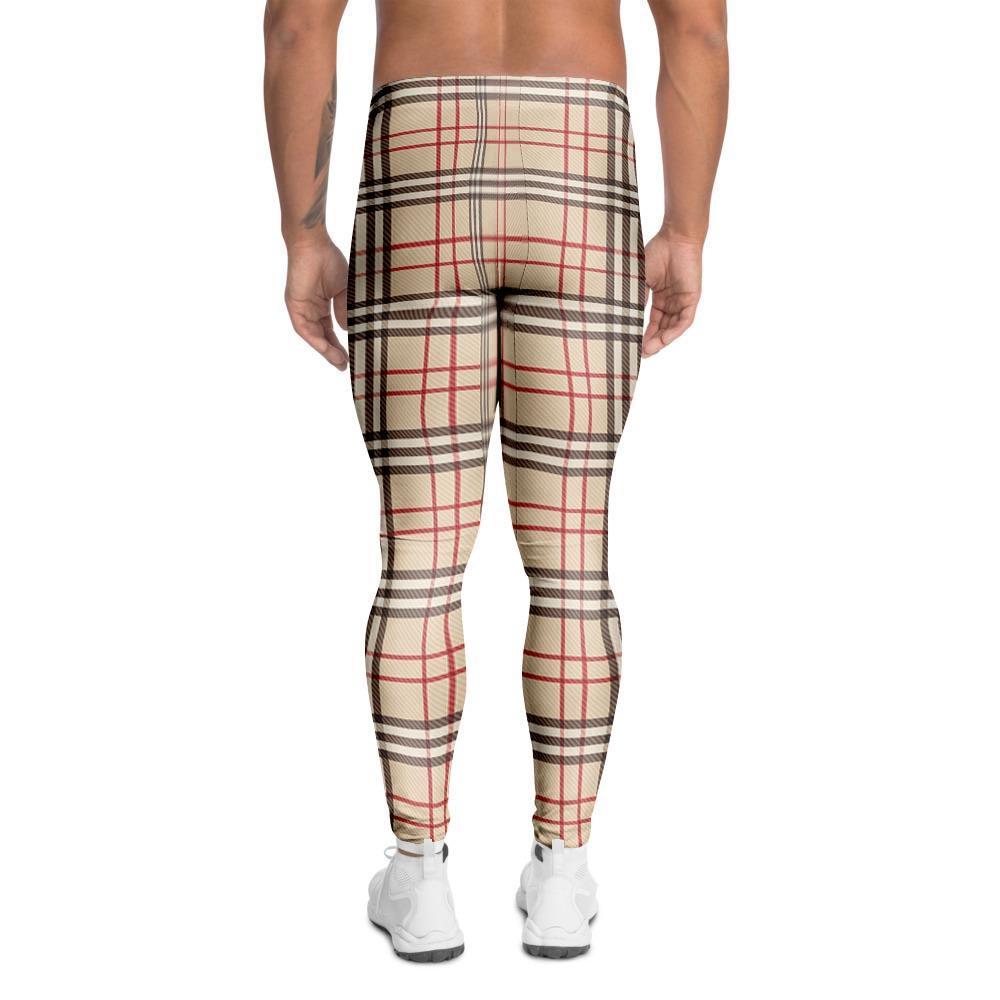 Beige Plaid Tartan Men's Leggings-grizzshop