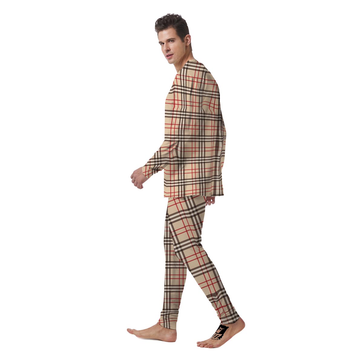 Beige Plaid Tartan Men's Pajamas-grizzshop