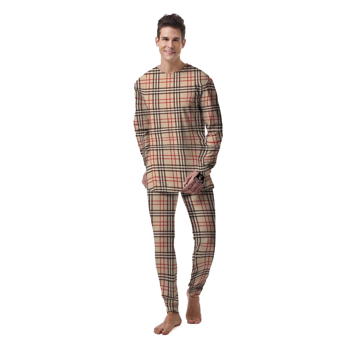 Beige Plaid Tartan Men's Pajamas-grizzshop