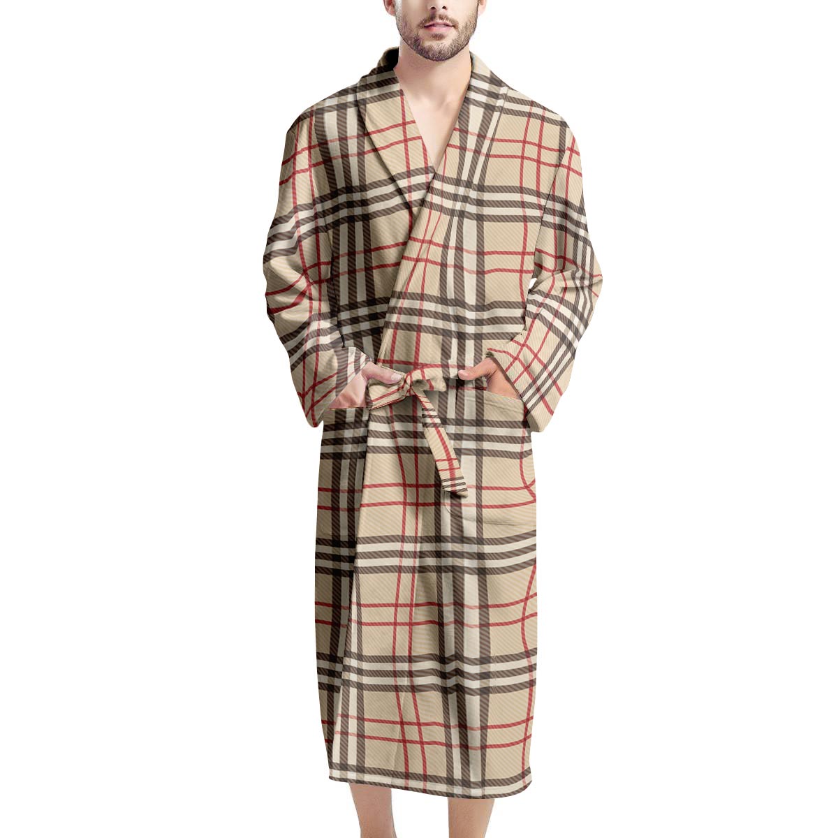 Beige Plaid Tartan Men's Robe-grizzshop