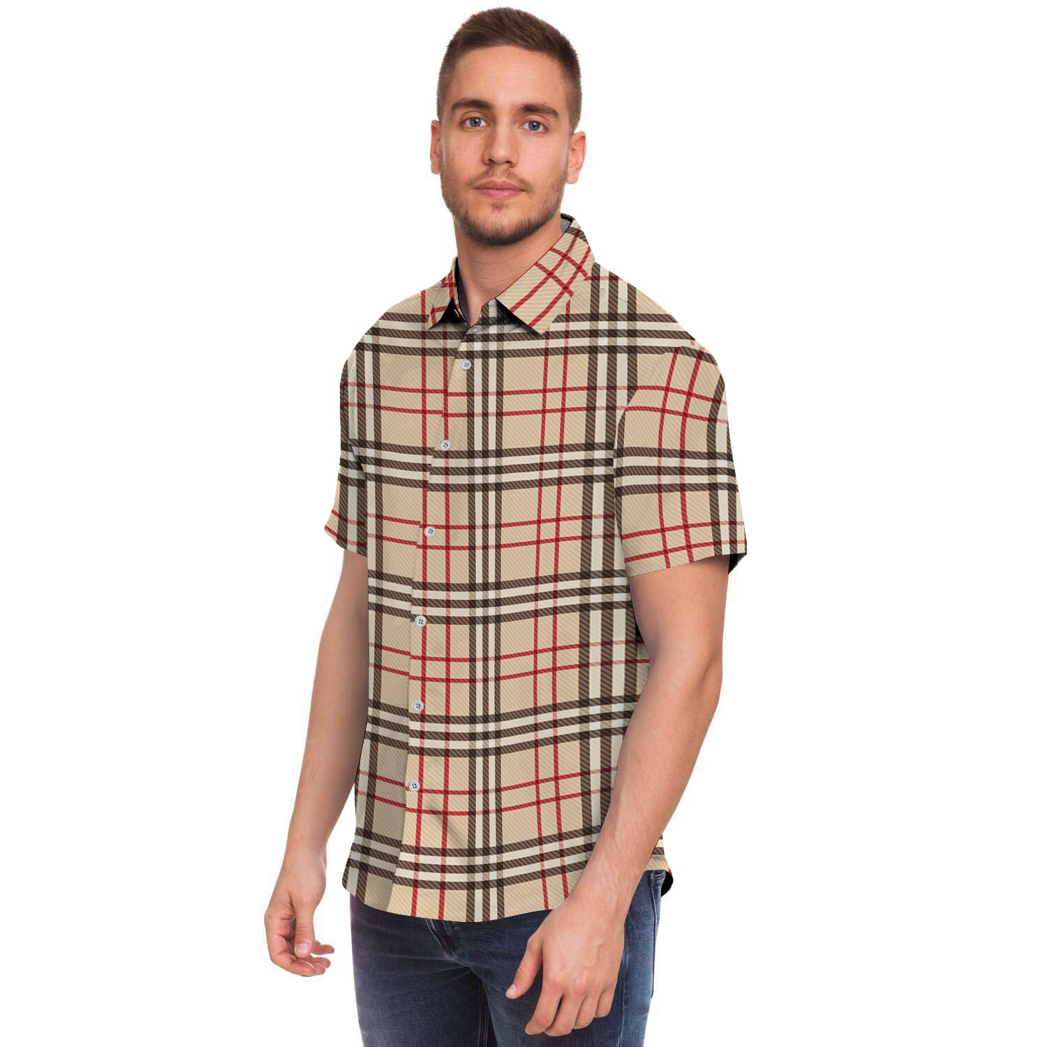Beige Plaid Tartan Men's Short Sleeve Shirt-grizzshop