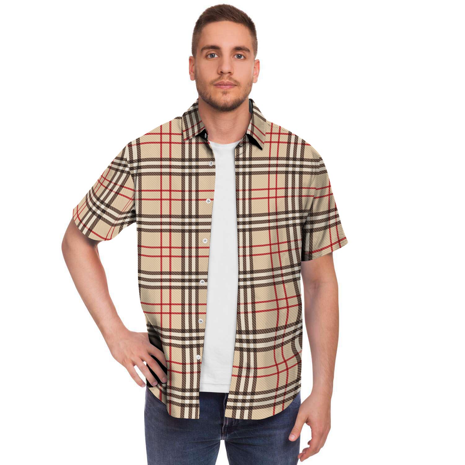 Beige Plaid Tartan Men's Short Sleeve Shirt-grizzshop