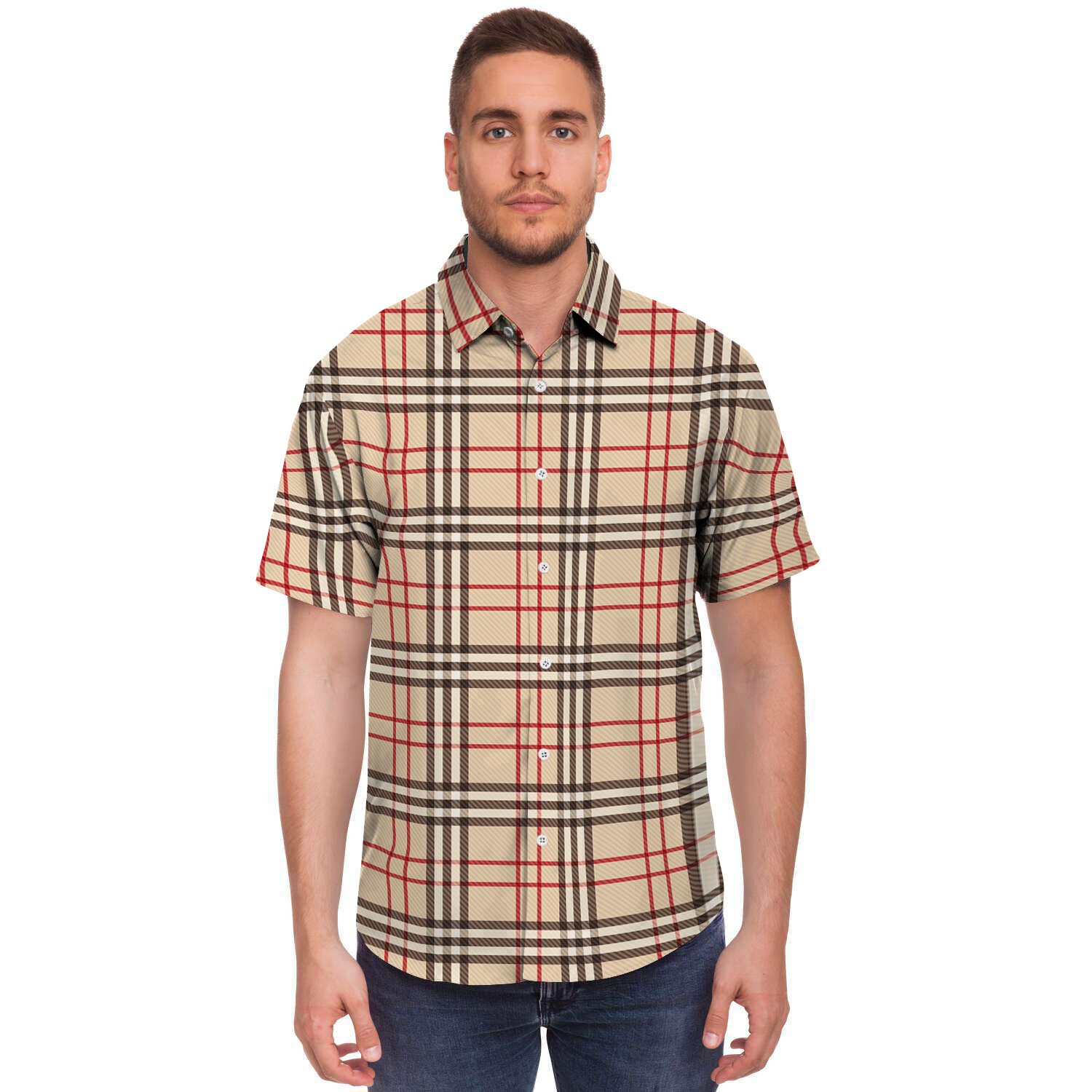Beige Plaid Tartan Men's Short Sleeve Shirt-grizzshop