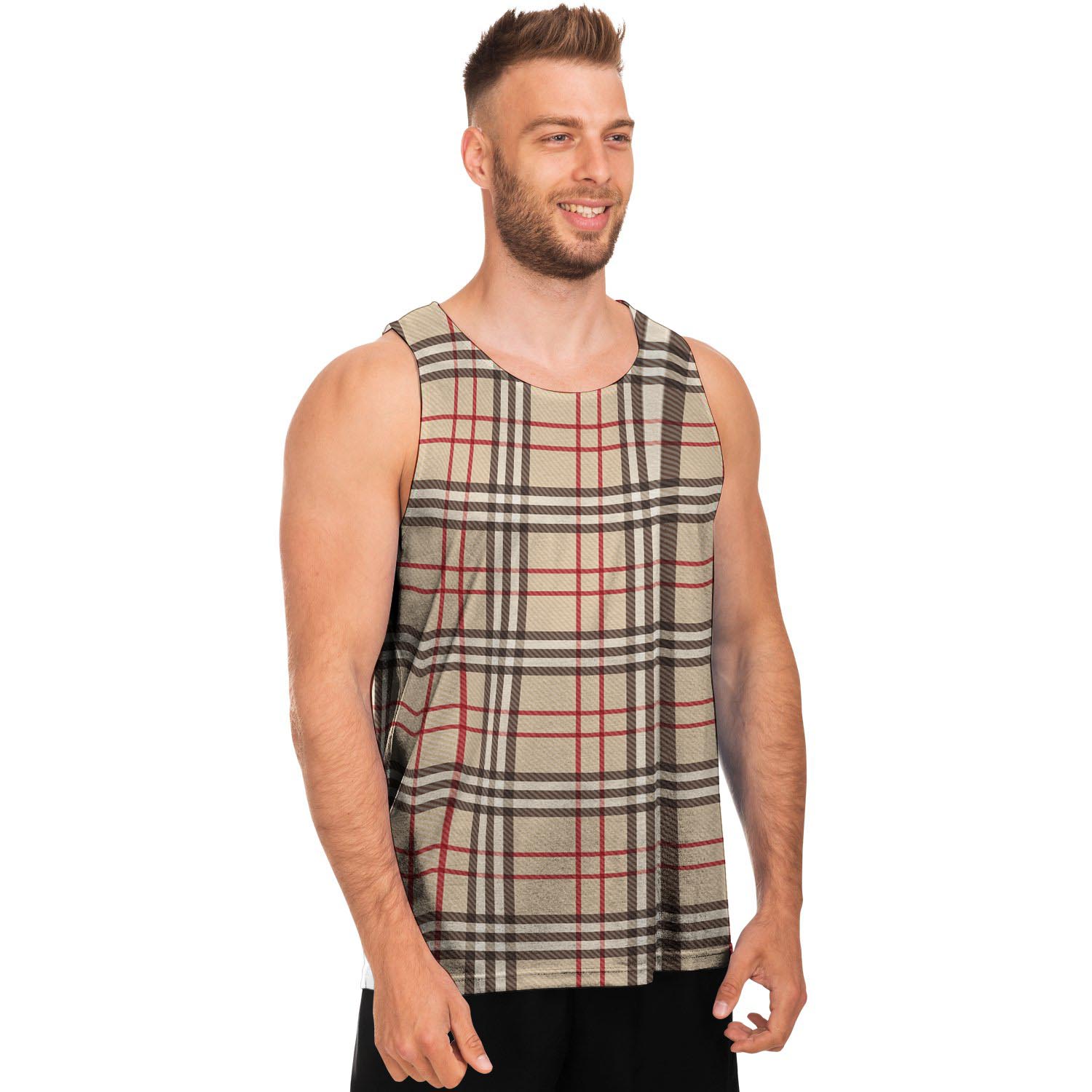 Beige Plaid Tartan Men's Tank Tops-grizzshop