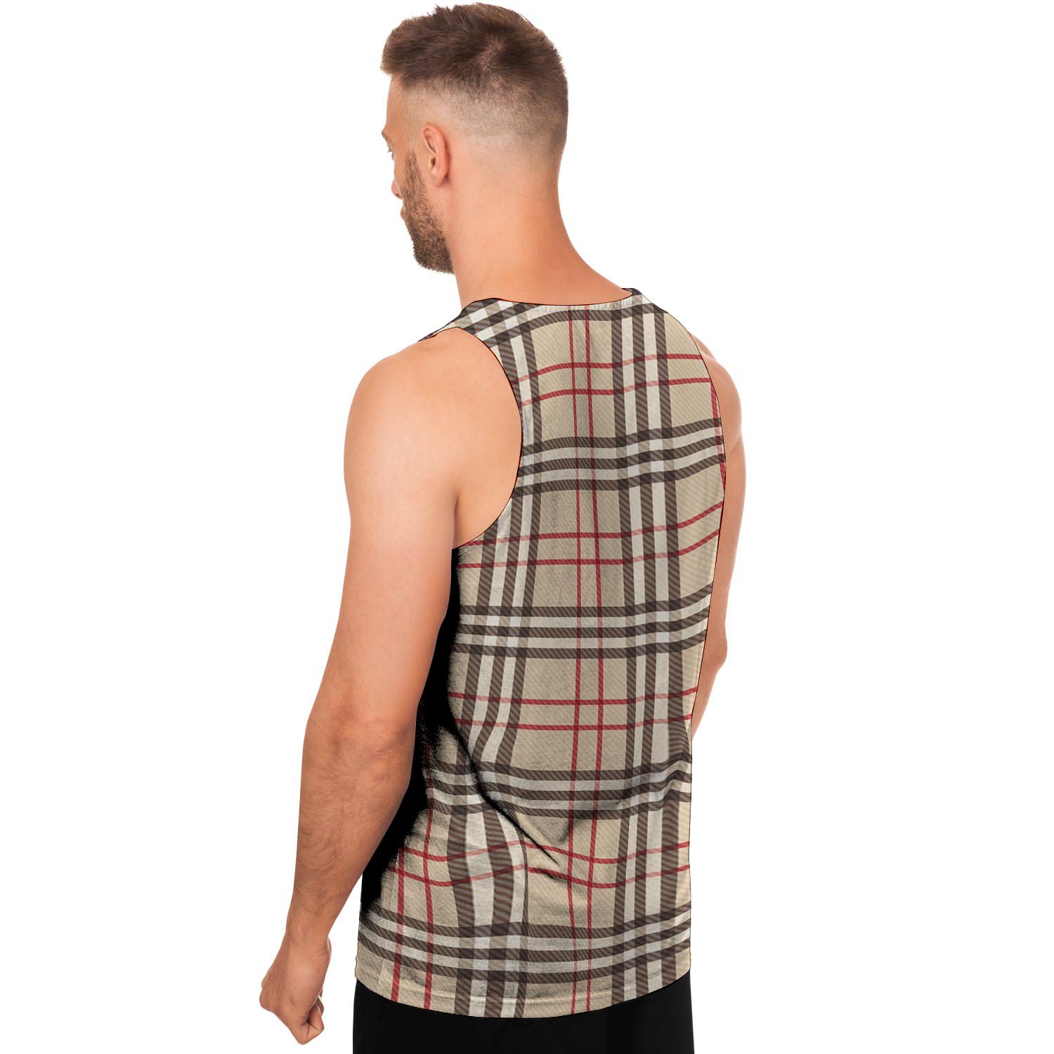 Beige Plaid Tartan Men's Tank Tops-grizzshop