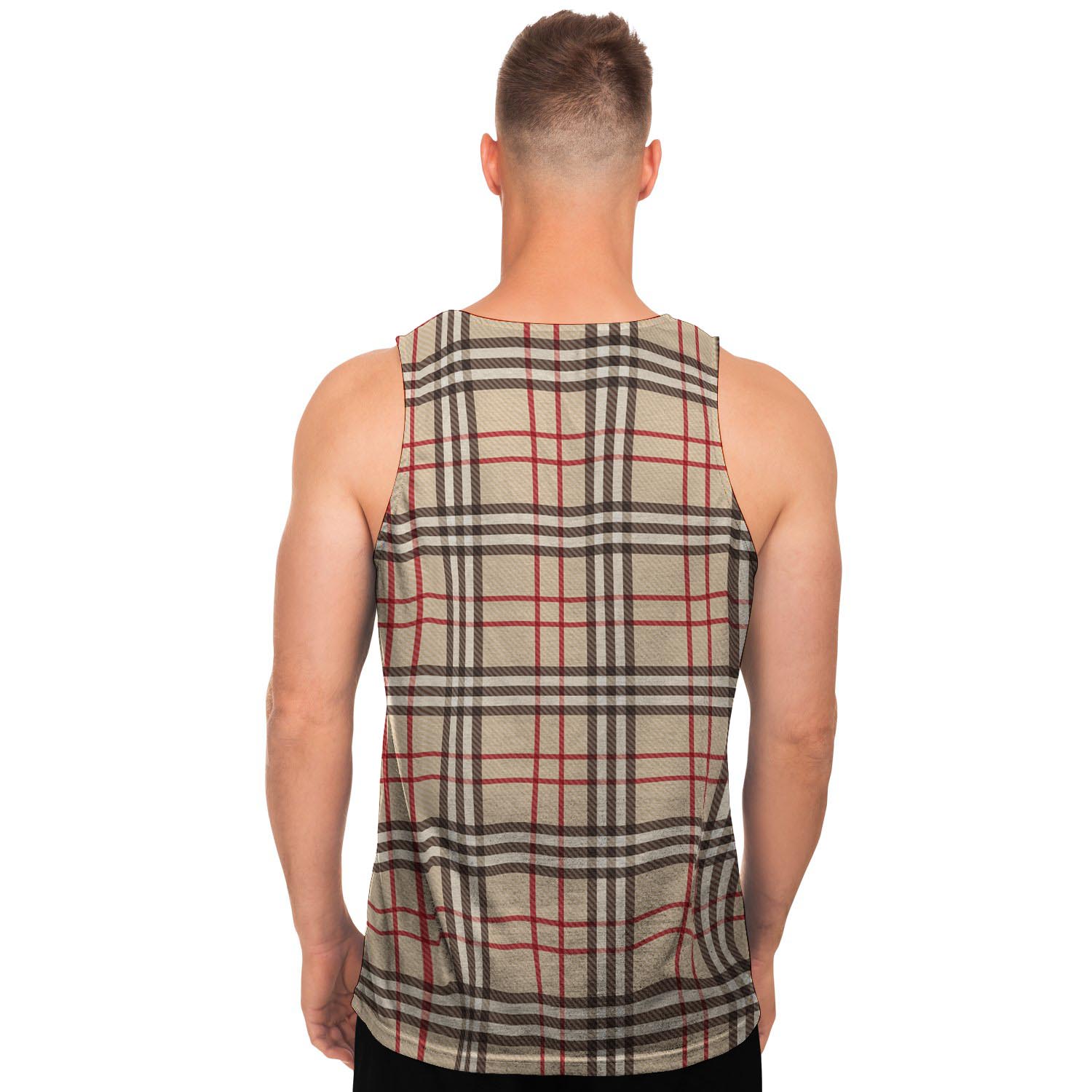 Beige Plaid Tartan Men's Tank Tops-grizzshop