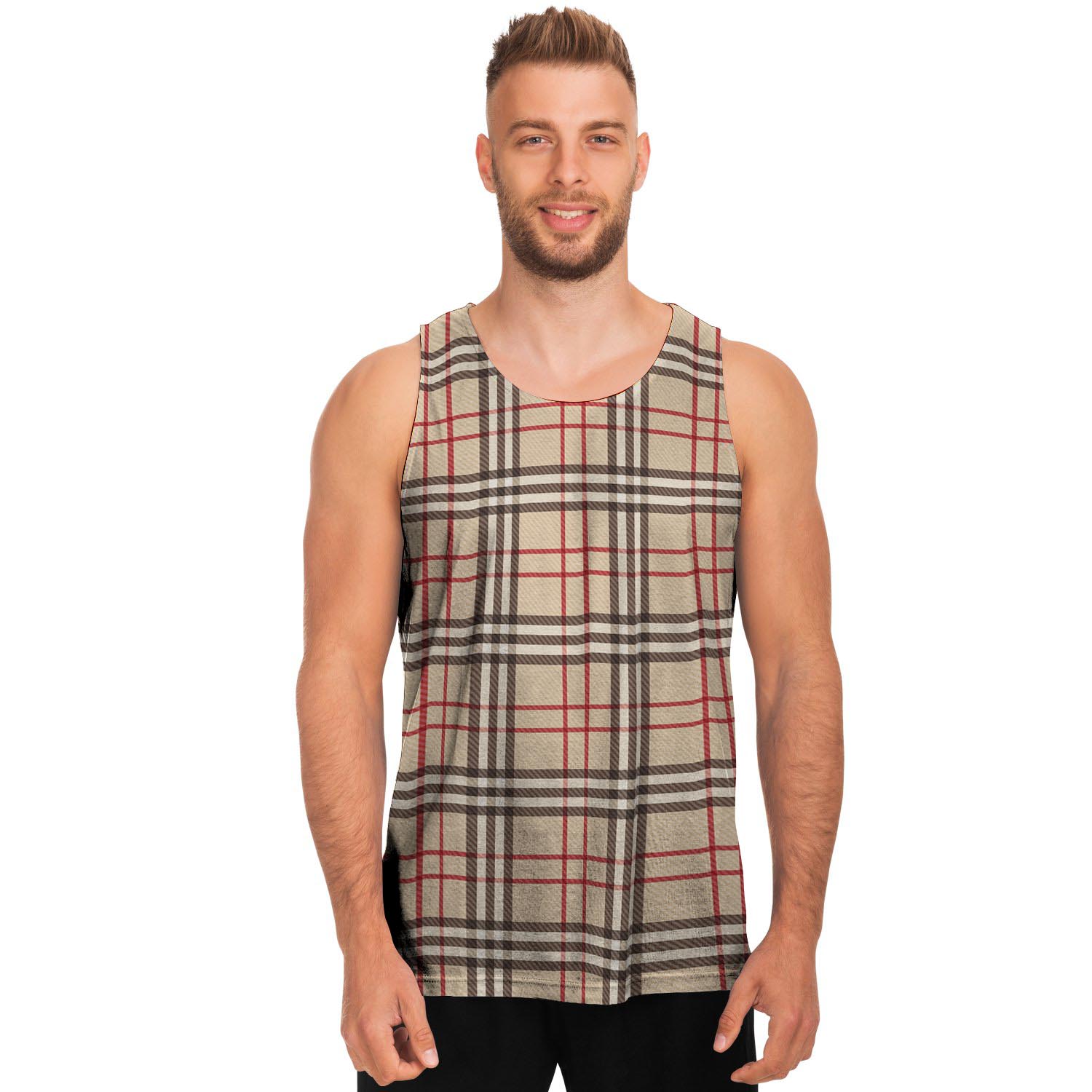 Beige Plaid Tartan Men's Tank Tops-grizzshop