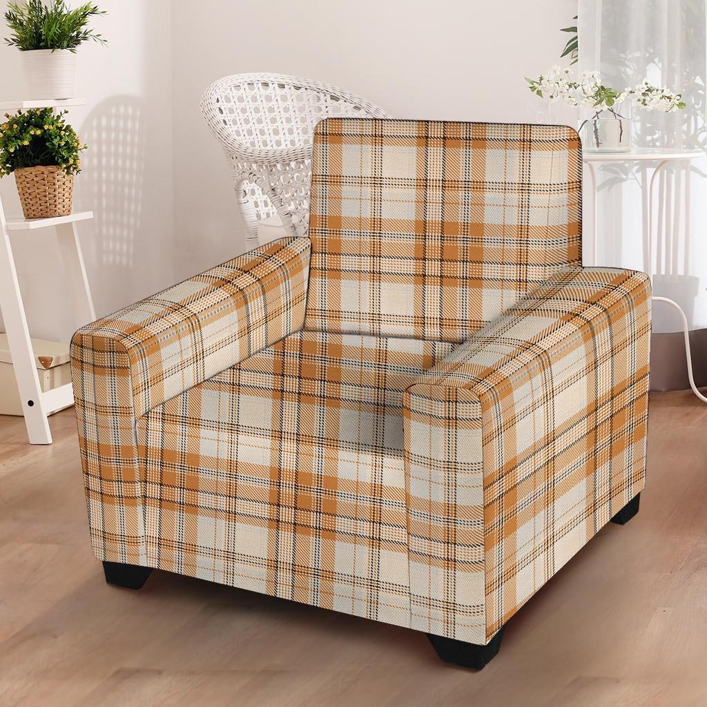 Beige Plaid Tartan Print Armchair Cover-grizzshop