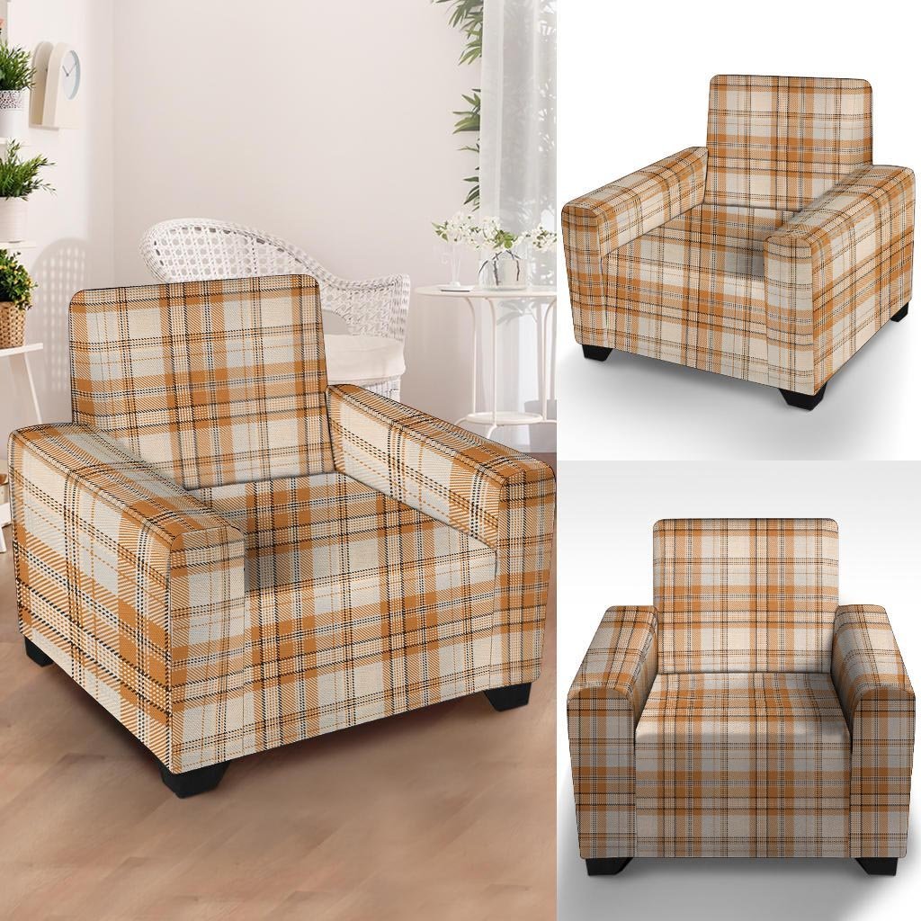 Beige Plaid Tartan Print Armchair Cover-grizzshop