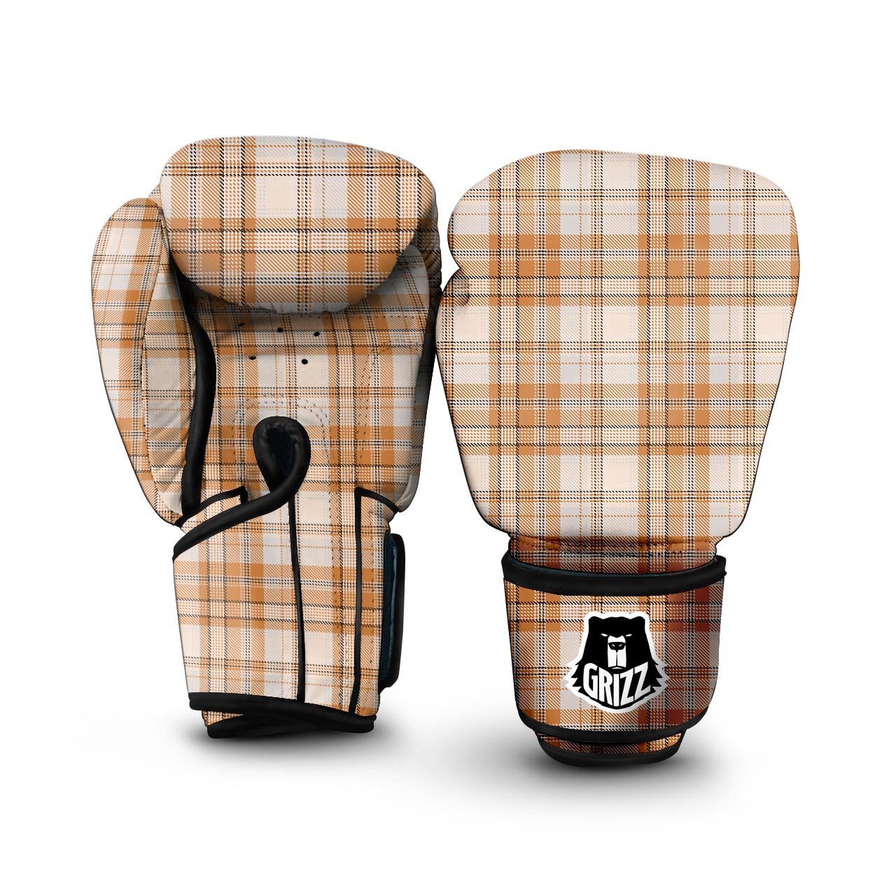 Beige Plaid Tartan Print Boxing Gloves-grizzshop