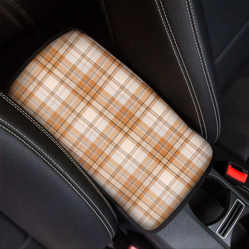 Beige Plaid Tartan Print Car Console Cover-grizzshop